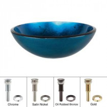 Glass Vessel Sink in Irruption Blue with Pop-Up Drain and Mounting Ring in Satin Nickel