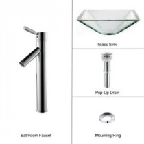 Vessel Sink in Clear Glass Aquamarine with Single Hole 1-Handle High Arc Sheven Faucet in Chrome