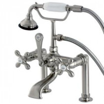 Cross 3-Handle Deck-Mount High-Risers Claw Foot Tub Faucet with Hand Shower in Satin Nickel