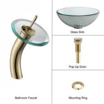 Glass Bathroom Sink in Clear with Single Hole 1-Handle Low-Arc Waterfall Faucet in Gold