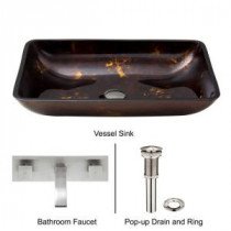Rectangular Glass Vessel Sink in Brown and Gold Fusion with Wall-Mount Faucet Set in Brushed Nickel