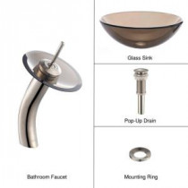 Glass Bathroom Sink in Clear Brown with Single Hole 1-Handle Low-Arc Waterfall Faucet in Satin Nickel