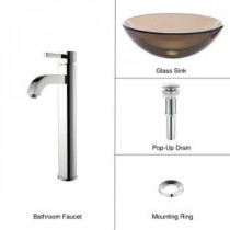 Glass Vessel Sink in Clear Brown with Single Hole 1-Handle High-Arc Ramus Faucet in Chrome