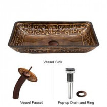 Rectangular Glass Vessel Sink in Golden Greek with Waterfall Faucet Set in Oil Rubbed Bronze