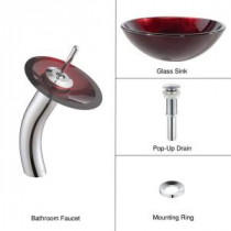 Glass Bathroom Sink in Irruption Red with Single Hole 1-Handle Low Arc Waterfall Faucet in Chrome