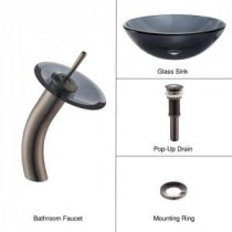 Glass Bathroom Sink in Clear Black with Single Hole 1-Handle Low Arc Waterfall Faucet in Oil Rubbed Bronze