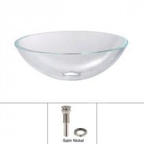 Glass Vessel Sink with Pop-Up Drain in Crystal Clear and Mounting Ring in Satin Nickel