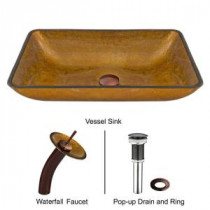 Rectangular Glass Vessel Sink in Copper with Waterfall Faucet Set in Oil Rubbed Bronze