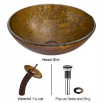 Glass Vessel Sink in Textured Copper with Waterfall Faucet Set in Oil Rubbed Bronze