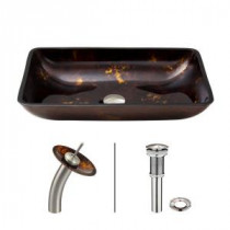 Rectangular Glass Vessel Sink in Brown/Gold Fusion with Waterfall Faucet Set in Brushed Nickel