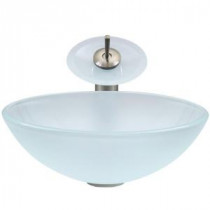 Glass Vessel Sink in White Frost with Waterfall Faucet Set in Brushed Nickel