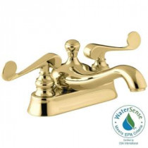 Revival 4 in. Centerset 2-Handle Low-Arc Bathroom Faucet in Vibrant Polished Brass with Scroll Lever Handle