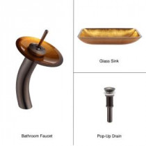 Rectangular Glass Bathroom Sink in Golden Pearl with Single Hole 1-Handle Low Arc Waterfall Faucet in Oil Rubbed Bronze
