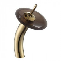 Single Hole 1-Handle Low-Arc Vessel Glass Waterfall Faucet in Gold with Glass Disk in Frosted Brown