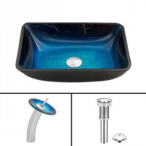 Rectangular Glass Vessel Sink in Turquoise Water with Waterfall Faucet Set in Chrome