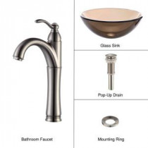 Glass Vessel Sink in Clear Brown with Single Hole 1-Handle High-Arc Riviera Faucet in Satin Nickel