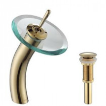 Single Hole 1-Handle Low-Arc Vessel Glass Waterfall Faucet in Gold with Glass Disk in Clear