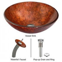 Glass Vessel Sink in Mahogany Moon with Waterfall Faucet Set in Brushed Nickel
