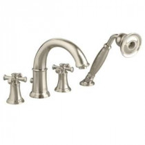 Portsmouth 2-Handle Deck-Mount Roman Tub Faucet with Personal Shower, Cross Handles in Satin Nickel
