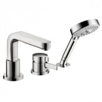 Single-Handle Non-Deck Plate 3-Hole Thermostatic Roman Tub Filler Trim with Handshower in Chrome (Valve Not Included)