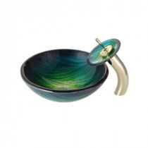 Nei Glass Vessel Sink in Multicolor and Waterfall Faucet in Gold