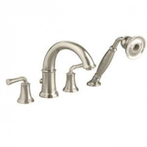 Portsmouth Lever 2-Handle Deck-Mount Roman Tub Faucet with Handshower in Satin Nickel