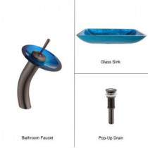Rectangular Glass Bathroom Sink in Irruption Blue with Waterfall Faucet in Oil Rubbed Bronze