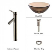 Glass Vessel Sink in Clear Brown with Single Hole 1-Handle High-Arc Sheven Faucet in Satin Nickel