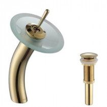 Single Hole 1-Handle Low-Arc Vessel Glass Waterfall Faucet in Gold with Glass Disk in Frosted