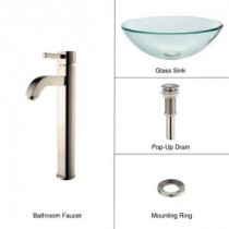 Glass Bathroom Sink in Clear with Ramus Faucet in Satin Nickel