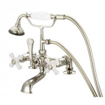 3-Handle Vintage Claw Foot Tub Faucet with Hand Shower and Porcelain Cross Handles in Polished Nickel PVD