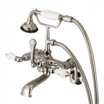 3-Handle Claw Foot Tub Faucet with Labeled Porcelain Lever Handles and Hand Shower in Polished Nickel PVD