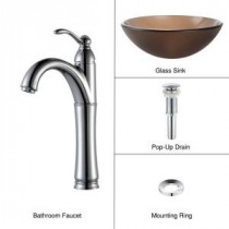 Glass Vessel Sink in Frosted Brown with Single Hole 1-Handle High-Arc Riviera Faucet in Chrome