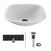 Square Shaped Stone Glass Vessel Sink in White Phoenix with Wall-Mount Faucet Set in Antique Rubbed Bronze