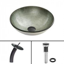 Glass Vessel Sink in Simply Silver with Waterfall Faucet Set in Matte Black