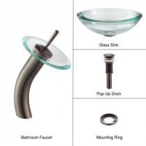 34 mm Edge Glass Bathroom Sink in Clear with Single Hole 1-Handle Low Arc Waterfall Faucet in Oil Rubbed Bronze