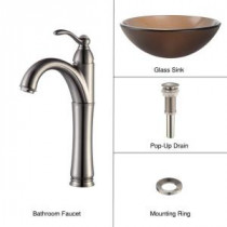 Glass Vessel Sink in Frosted Brown with Single Hole 1-Handle High-Arc Riviera Faucet in Satin Nickel