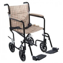 Flyweight Lightweight Transport Wheelchair with Black Frame and Tan Plaid Chair