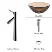 Glass Vessel Sink in Clear Brown with Single Hole 1-Handle High-Arc Sheven Faucet in Chrome