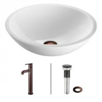 Flat Edged Glass Vessel Sink in White with Faucet in Oil Rubbed Bronze