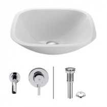 Square Shaped Stone Glass Vessel Sink in White Phoenix with Wall-Mount Faucet Set in Chrome
