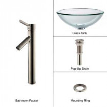 19 mm Thick Glass Vessel Sink in Clear with Single Hole 1-Handle High-Arc Sheven Faucet in Satin Nickel