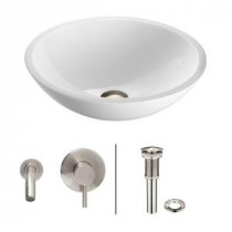 Flat Edged Stone Glass Vessel Sink in White Phoenix with Wall-Mount Faucet Set in Brushed Nickel