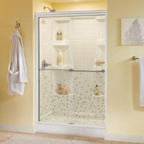 Lyndall 47-3/8 in. x 70 in. Semi-Frameless Sliding Shower Door in White with Nickel Handle and Mozaic Glass