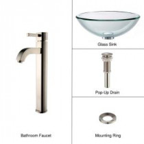 19 mm Thick Glass Vessel Sink in Clear with Single Hole 1-Handle High-Arc Ramus Faucet in Satin Nickel