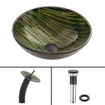 Glass Vessel Sink in Green Asteroid with Waterfall Faucet Set in Matte Black