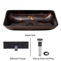 Rectangular Glass Vessel Sink in Brown and Gold Fusion with Wall-Mount Faucet Set in Antique Rubbed Bronze