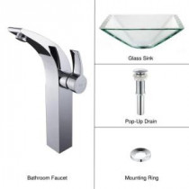 Vessel Sink in Clear Glass Aquamarine with Illusio Faucet in Chrome