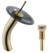 Single Hole 1-Handle Low-Arc Vessel Glass Waterfall Faucet in Gold with Glass Disk in Frosted Black