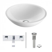 Flat Edged Stone Glass Vessel Sink in White Phoenix with Wall-Mount Faucet Set in Chrome